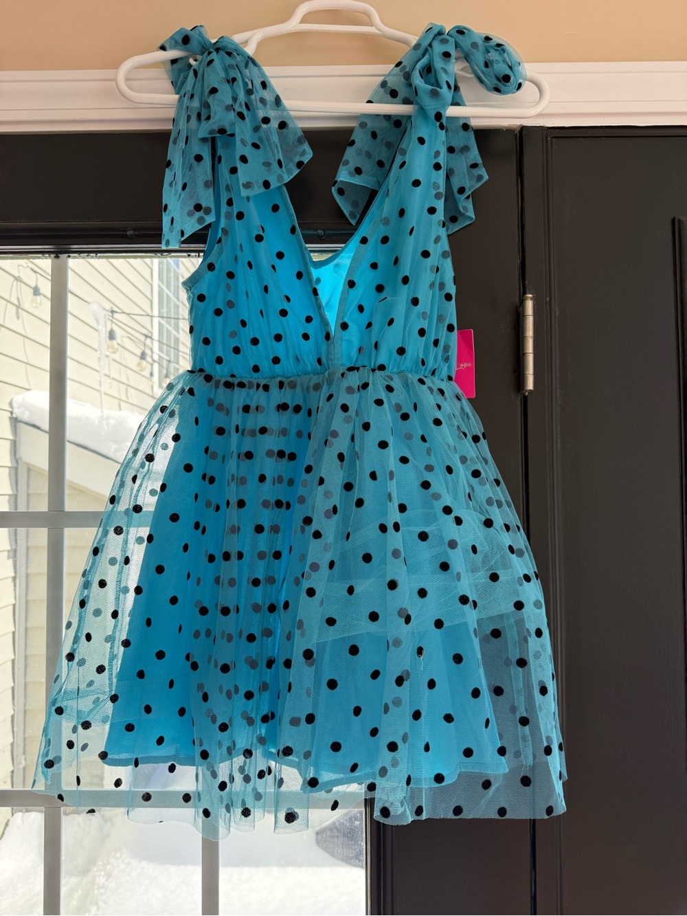 Teal Blue Polka Dot Tulle Party Dress with Black Dots - Picture 3 of 8